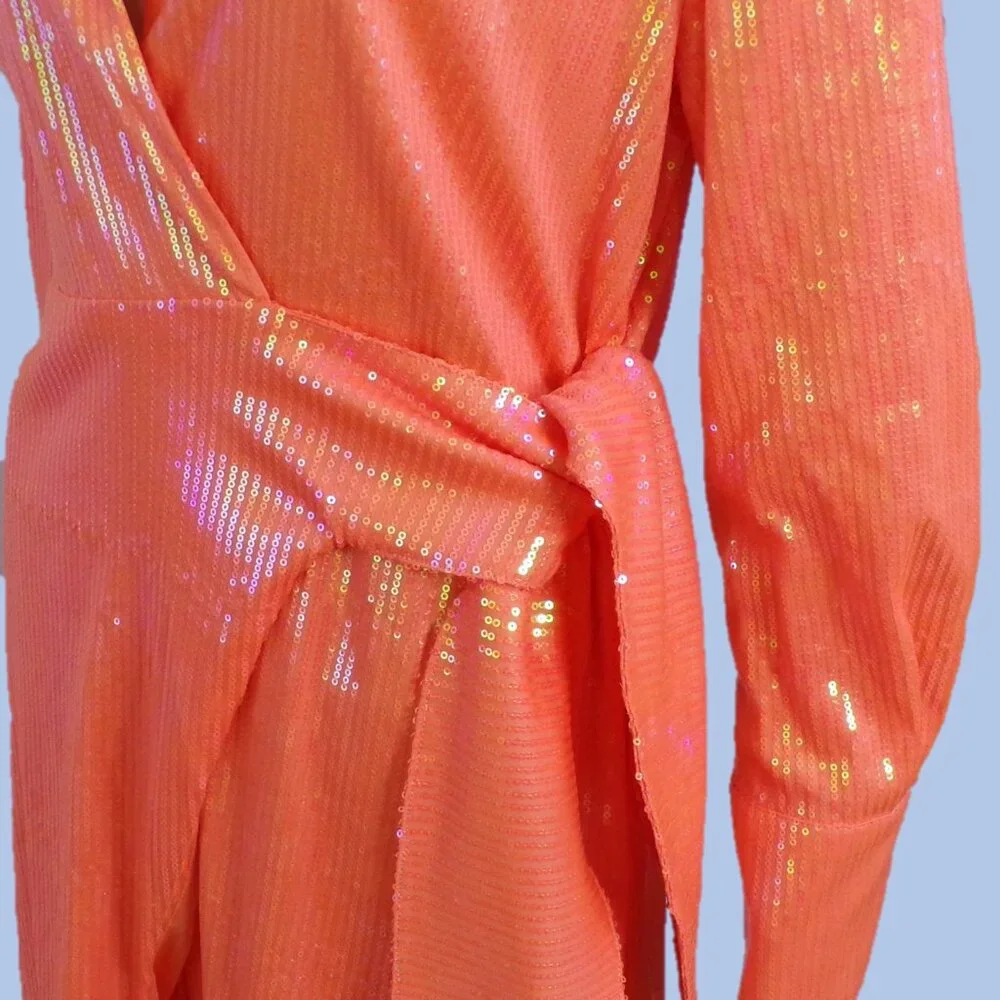 HOUSE OF HARLOW 1960 size S orange long-sleeve sequined wrap dress - Picture 10 of 13